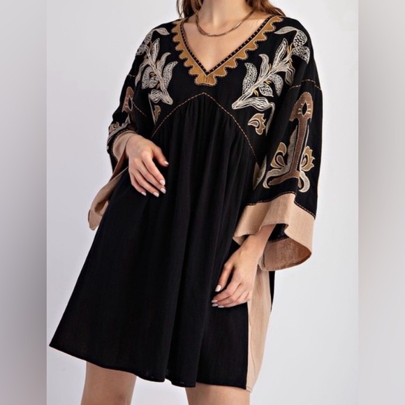easel Dresses & Skirts - Easel Boho Embroidered Cotton Dress l Black and Tan I Pockets SZ M